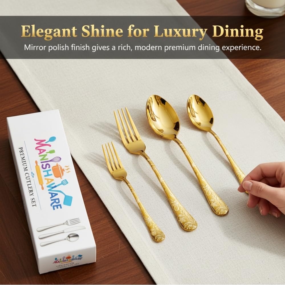 Manishaware Classic Gold 16 Pcs Stainless Steel Cutlery Set for Dining Table, Dishwasher Safe Glossy Flatware (Perfect Spoon Fork Set)