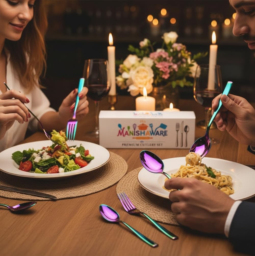 Manishaware Classic Rainbow 12 Pcs Stainless Steel Cutlery Set for Dining Table, Dishwasher Safe Glossy Flatware