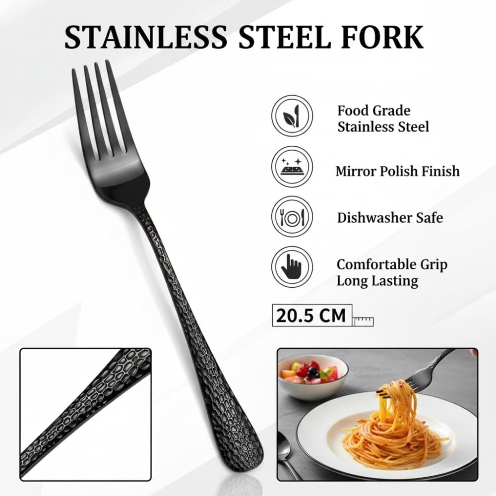 Manishaware 24 Pcs BLACK Hammered Stainless Dinner Steel Fork set for Kitchen or Dining Table