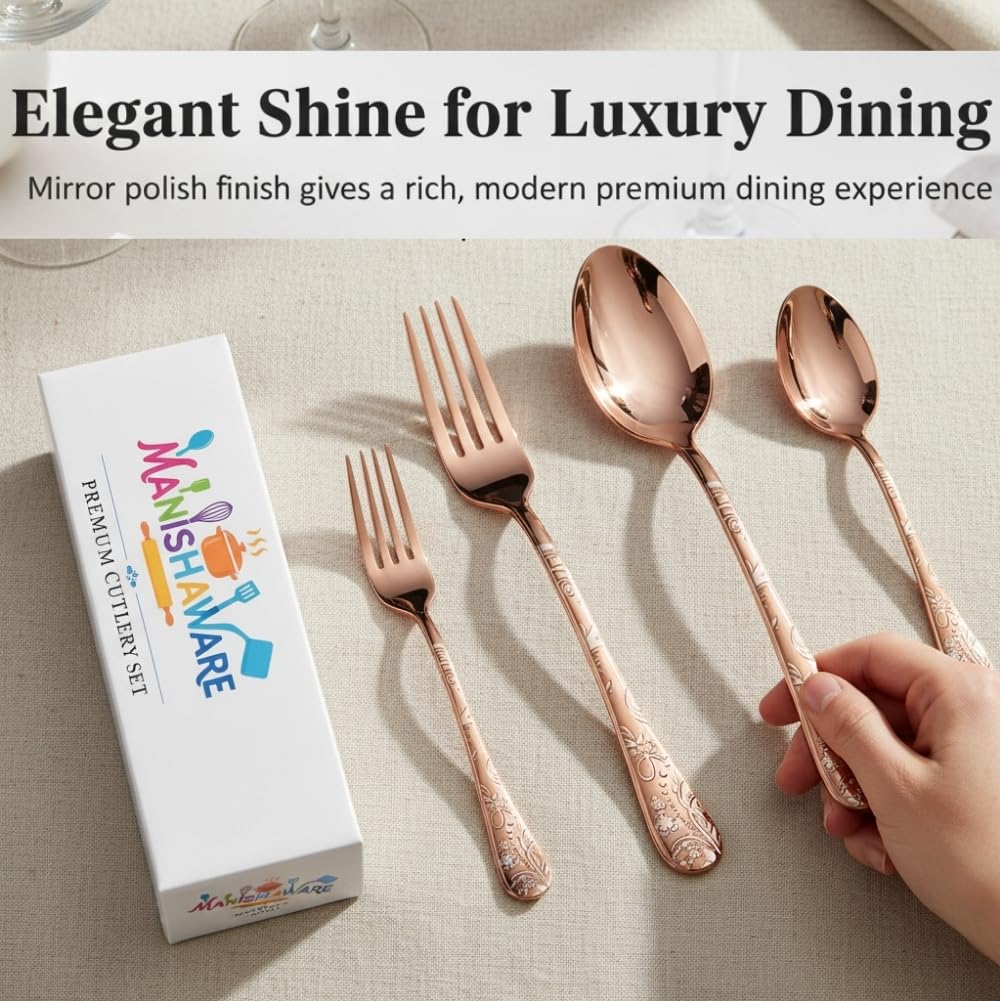 Manishaware Classic Rose Gold 12 Pcs Stainless Steel Cutlery Set for Dining Table, Dishwasher Safe Glossy Flatware
