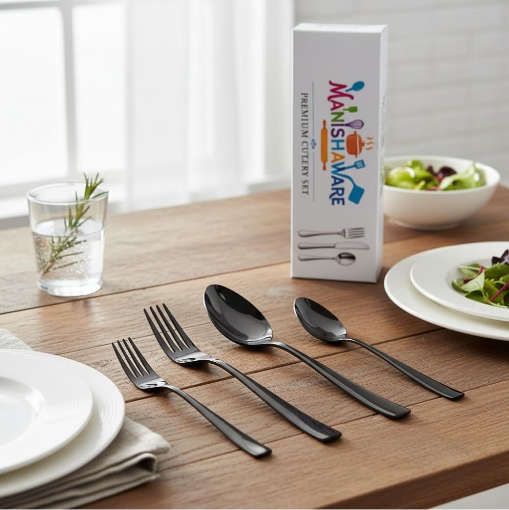 Black Essential Cutlery Set Mirror Design
