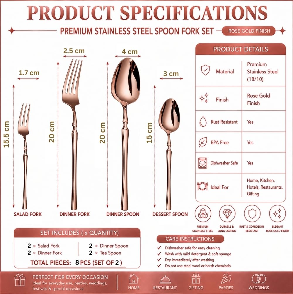 Manishaware Classic Rose Gold 8 Pcs Stainless Steel Cutlery Set for Dining Table, Dishwasher Safe Glossy Flatware (Perfect Spoon Fork Set)