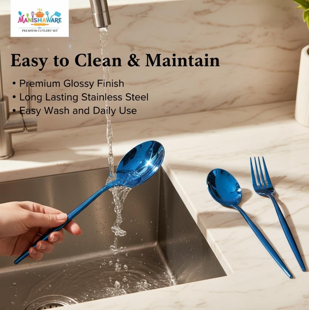 Manishaware Classic Blue 16 Pcs Stainless Steel Cutlery Set for Dining Table, Dishwasher Safe Glossy Flatware (Perfect Spoon Fork Set)