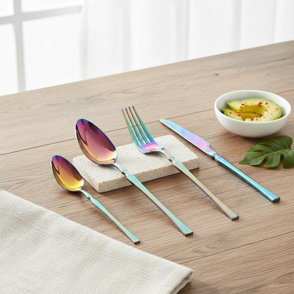 Manishaware Elegant Handle Rainbow 12 Pcs Stainless Steel Cutlery Set for Dining Table, Dishwasher Safe Glossy Flatware (3 spoon set+3 forks set+3 Butter knife+3 Dessert Spoon)