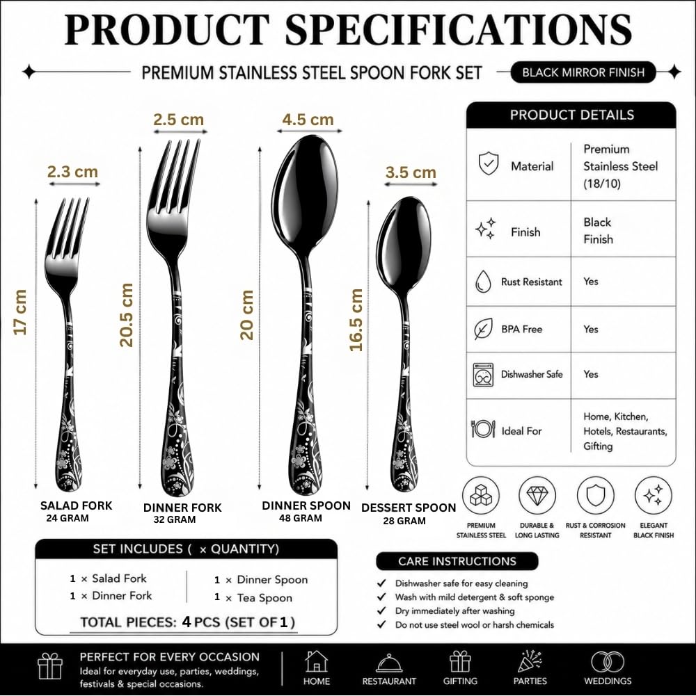 Manishaware Classic Stainless Steel Cutlery Set for Dining Table, Dishwasher Safe Glossy Flatware (Perfect Spoon Fork Set)