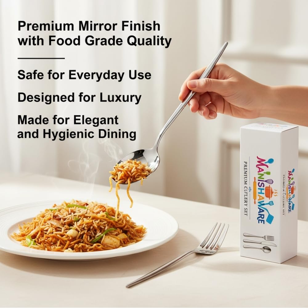 Manishaware Classic Stainless Steel Cutlery Set for Dining Table, Dishwasher Safe Glossy Flatware (Perfect Spoon Fork Set)