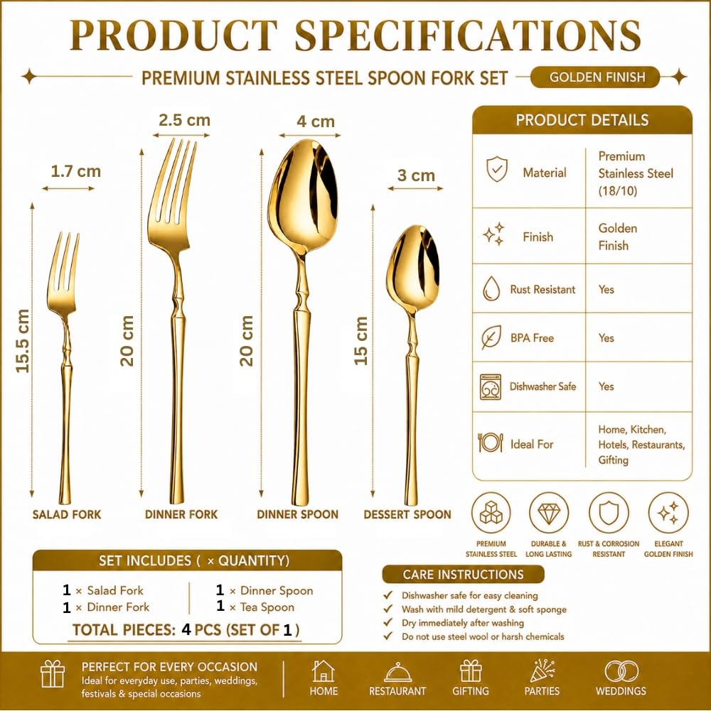 Manishaware Classic Stainless Steel Cutlery Set for Dining Table, Dishwasher Safe Glossy Flatware (Perfect Spoon Fork Set)
