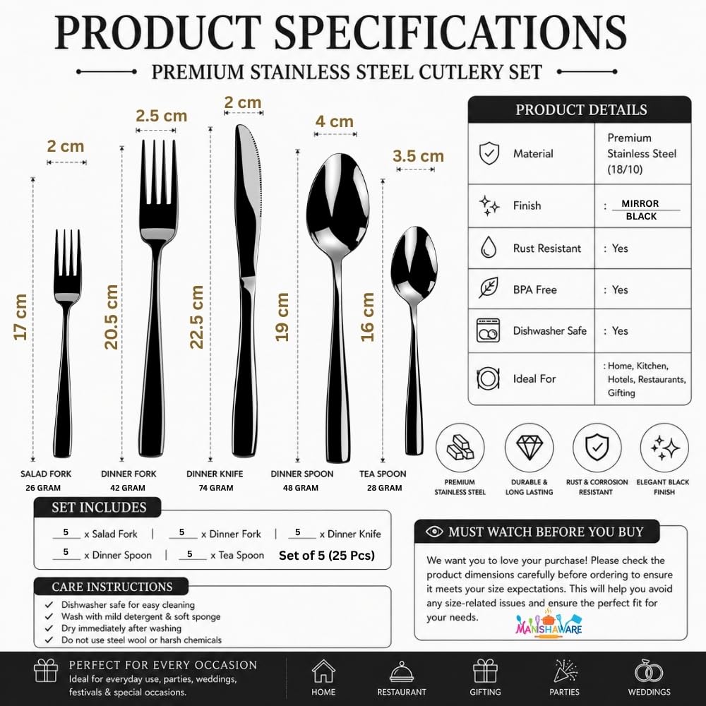 Manishaware Mirror Polished Black 25 Pcs Stainless Steel Cutlery Set for Dining Table, Dishwasher Safe Glossy Flatware (5 spoon set + 5 forks set + 5 Butter knife + 5 Dessert Spoon + 5 Fruit Fork)