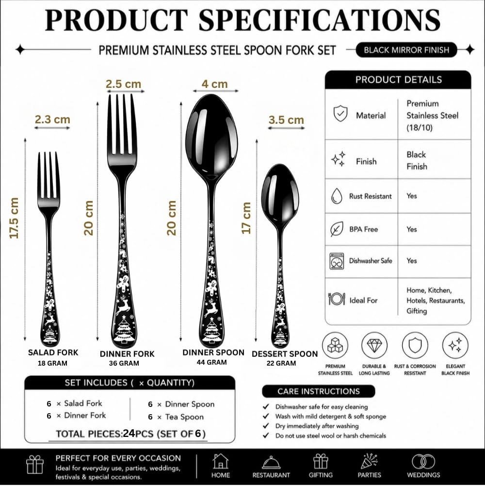 Manishaware Classic Black 24 Pcs Stainless Steel Cutlery Set for Dining Table, Dishwasher Safe Glossy Flatware (Perfect Spoon Fork Set)