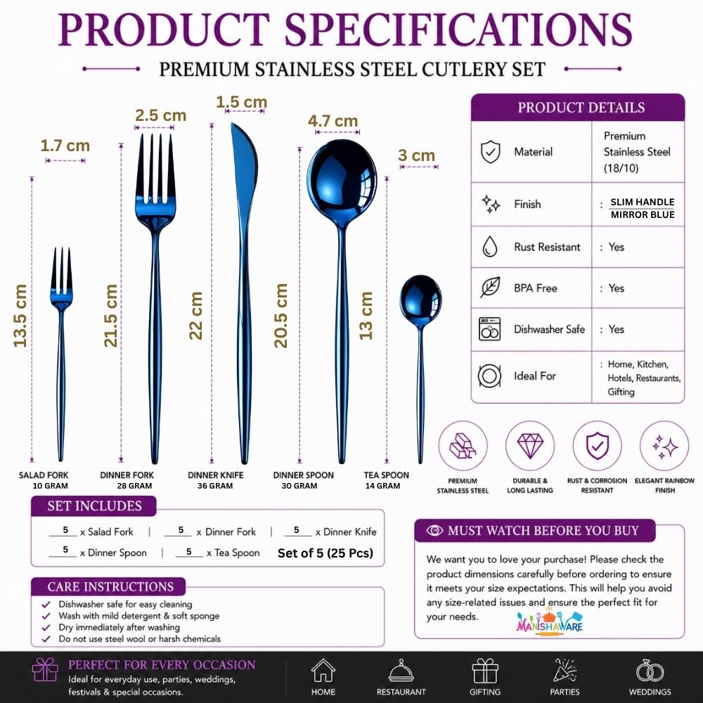Manishaware Slim Handle Blue 25 Pcs Stainless Steel Cutlery Set for Dining Table, Dishwasher Safe Glossy Flatware (5 spoon set+5 forks set+5 Butter knife+5 Dessert Spoon+5 Fruit Fork)