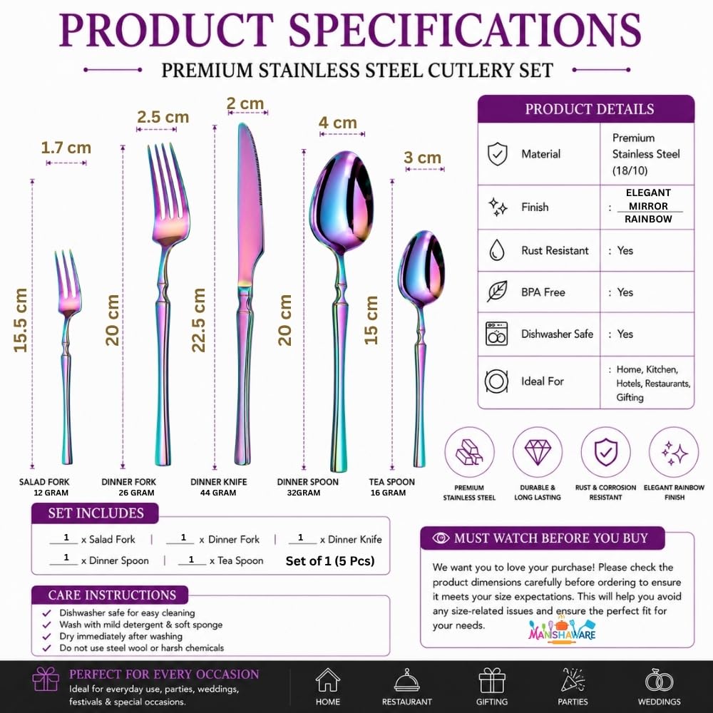 Manishaware Elegant Handle Heavy duty Stainless Steel Cutlery Set for Dining table (spoon set+ forks set+ Butter knife+ Dessert Spoon+ Fuit Fork for kitchen)