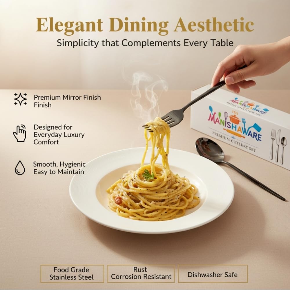 Manishaware Classic Black 8 Pcs Stainless Steel Cutlery Set for Dining Table, Dishwasher Safe Glossy Flatware (Perfect Spoon Fork Set)
