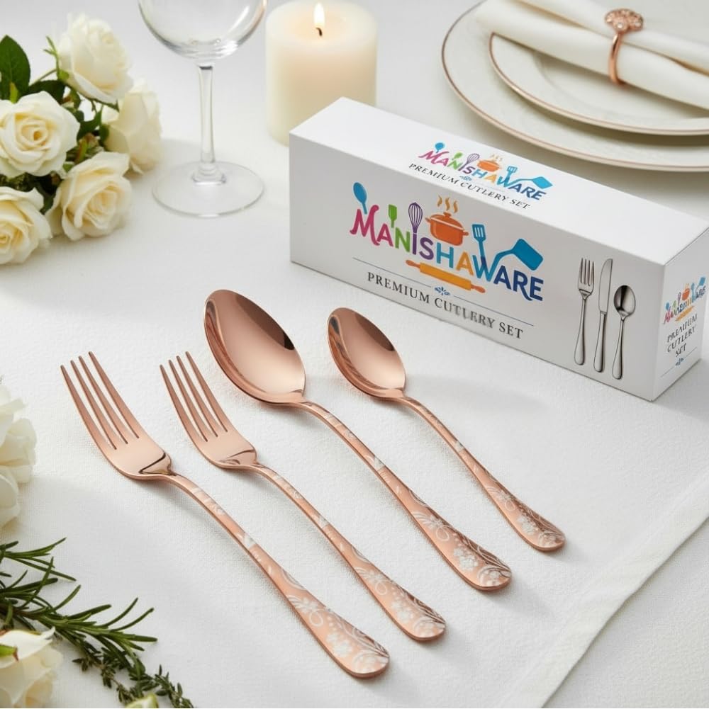 Manishaware Classic Rose Gold 8 Pcs Stainless Steel Cutlery Set for Dining Table, Dishwasher Safe Glossy Flatware (Perfect Spoon Fork Set)