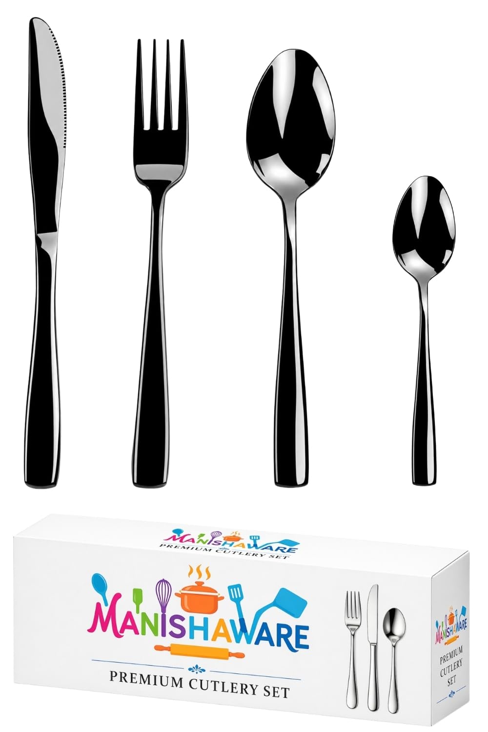Manishaware Mirror Polished Stainless Steel Cutlery Set for Dining Table, Dishwasher Safe Glossy Flatware (6 spoon set + 6 forks set + 6 Butter knife + 6 Dessert Spoon)