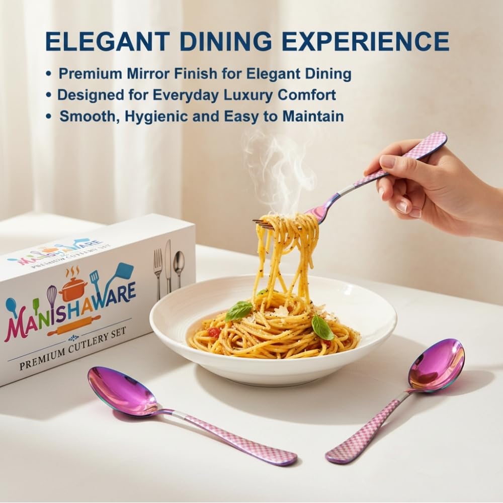 Manishaware Classic Rainbow 24 Pcs Stainless Steel Cutlery Set for Dining Table, Dishwasher Safe Glossy Flatware (Perfect Spoon Fork Set)