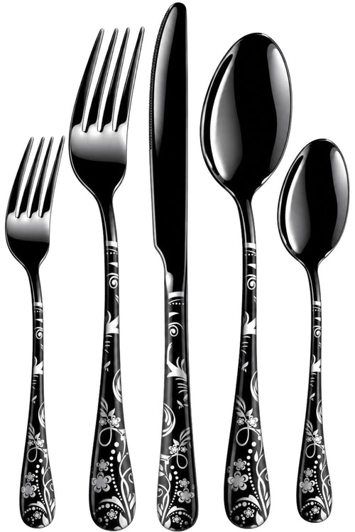 Black Premium Cutlery Set Floral Design