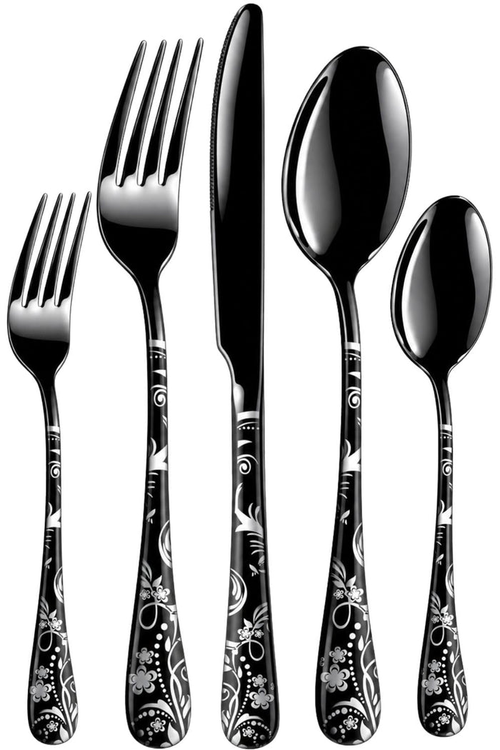 Black Premium Cutlery Set Floral Design