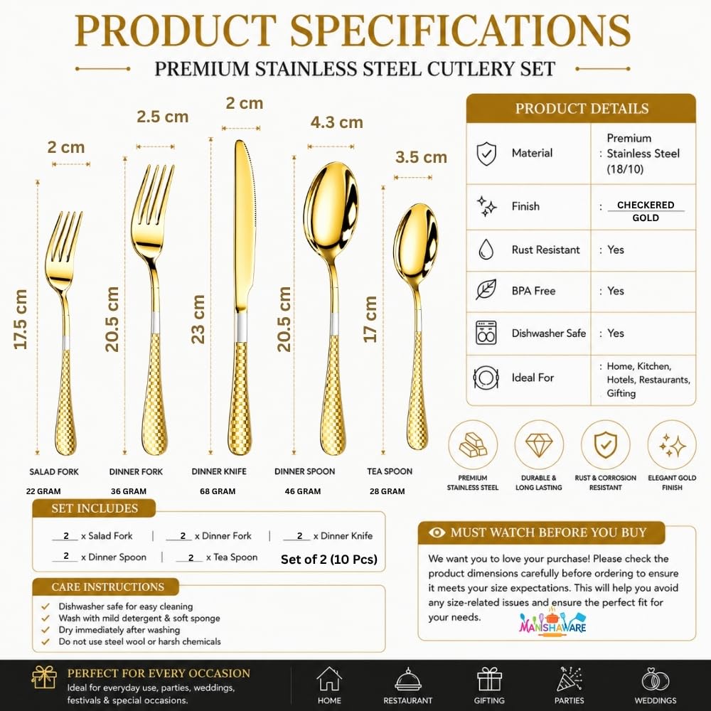 Manishaware Checkered Gold 10 Pcs Stainless Steel Cutlery Set for Dining Table, Dishwasher Safe Glossy Flatware (2 spoon set+2 forks set+2 Butter knife+2 Dessert Spoon+ 2 Fruit Fork)