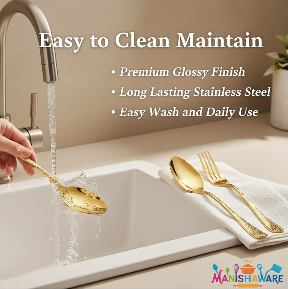 Manishaware Classic Gold 24 Pcs Stainless Steel Cutlery Set for Dining Table, Dishwasher Safe Glossy Flatware (Perfect Spoon Fork Set)
