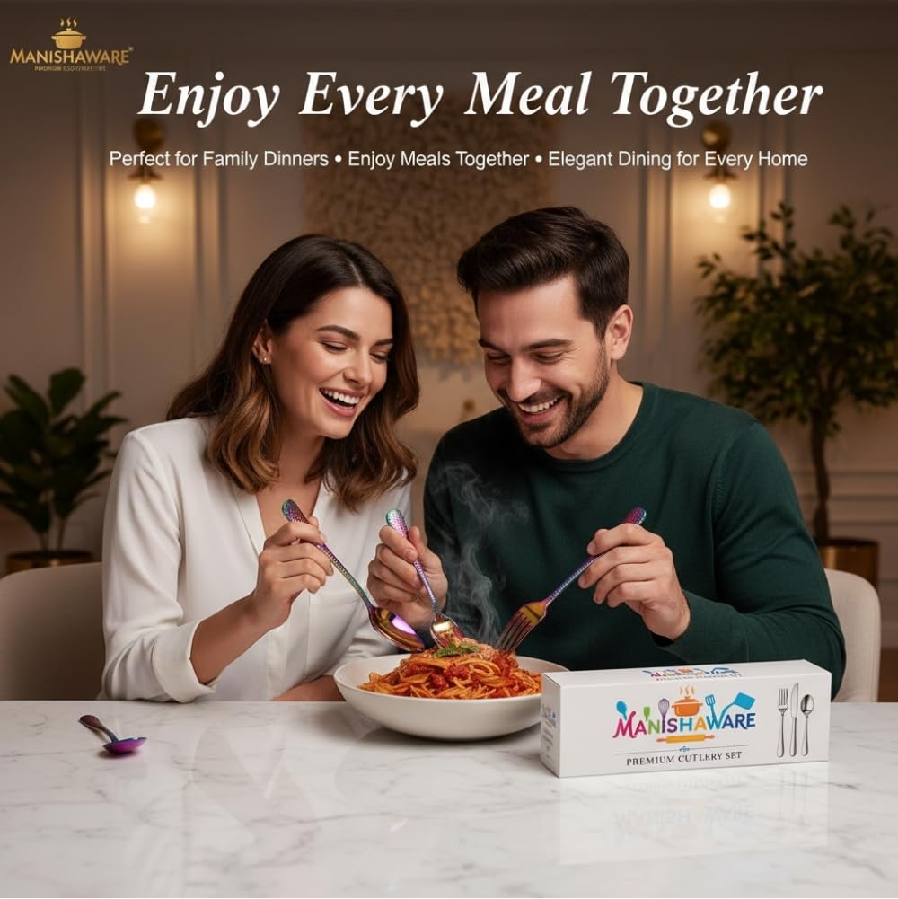 Manishaware Classic Rainbow 8 Pcs Stainless Steel Cutlery Set for Dining Table, Dishwasher Safe Glossy Flatware (Perfect Spoon Fork Set)