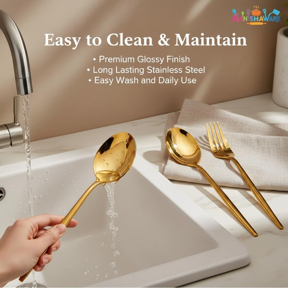 Manishaware Classic Gold 8 Pcs Stainless Steel Cutlery Set for Dining Table, Dishwasher Safe Glossy Flatware (Perfect Spoon Fork Set)