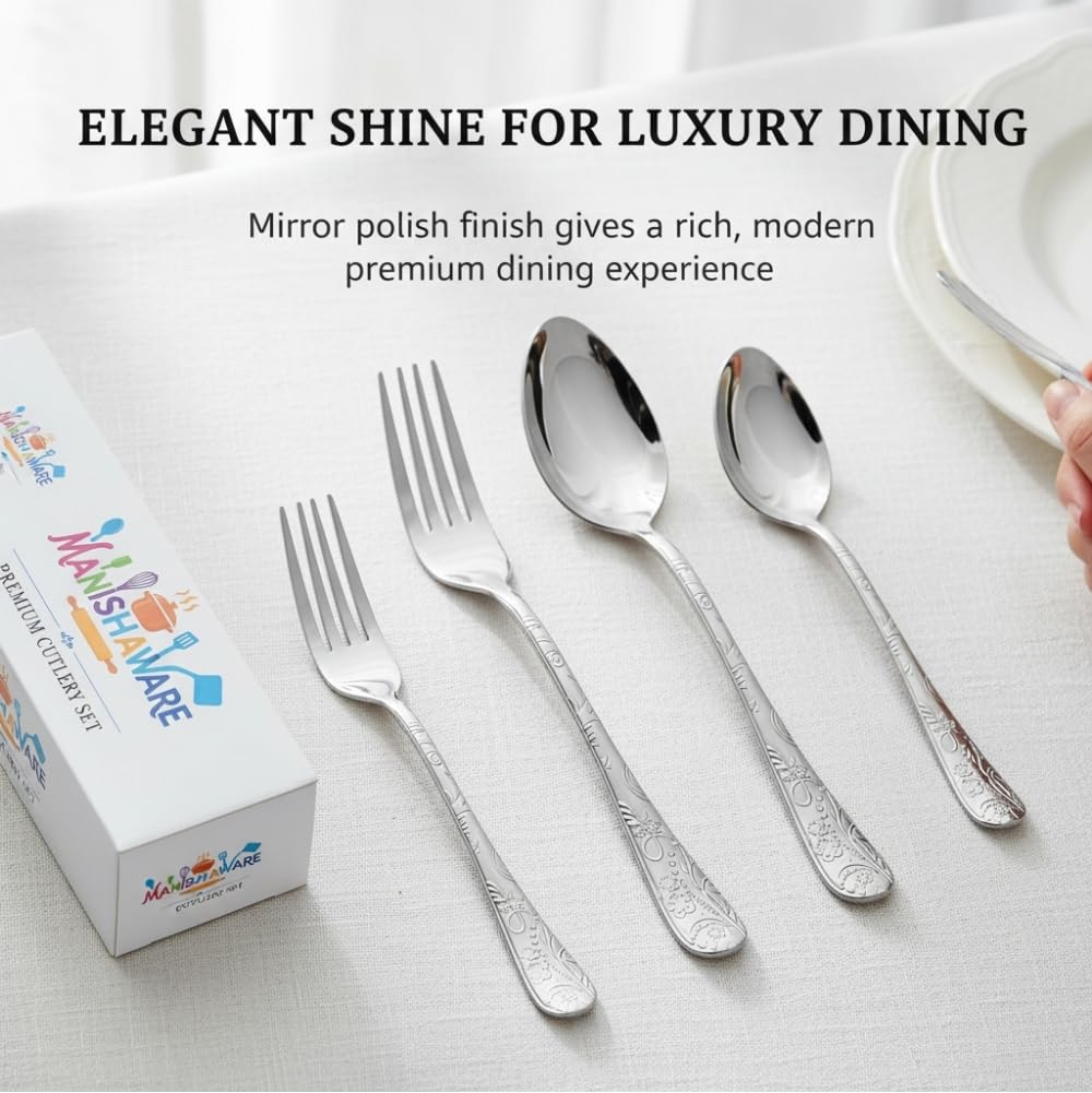 Manishaware Classic Silver 12 Pcs Stainless Steel Cutlery Set for Dining Table, Dishwasher Safe Glossy Flatware