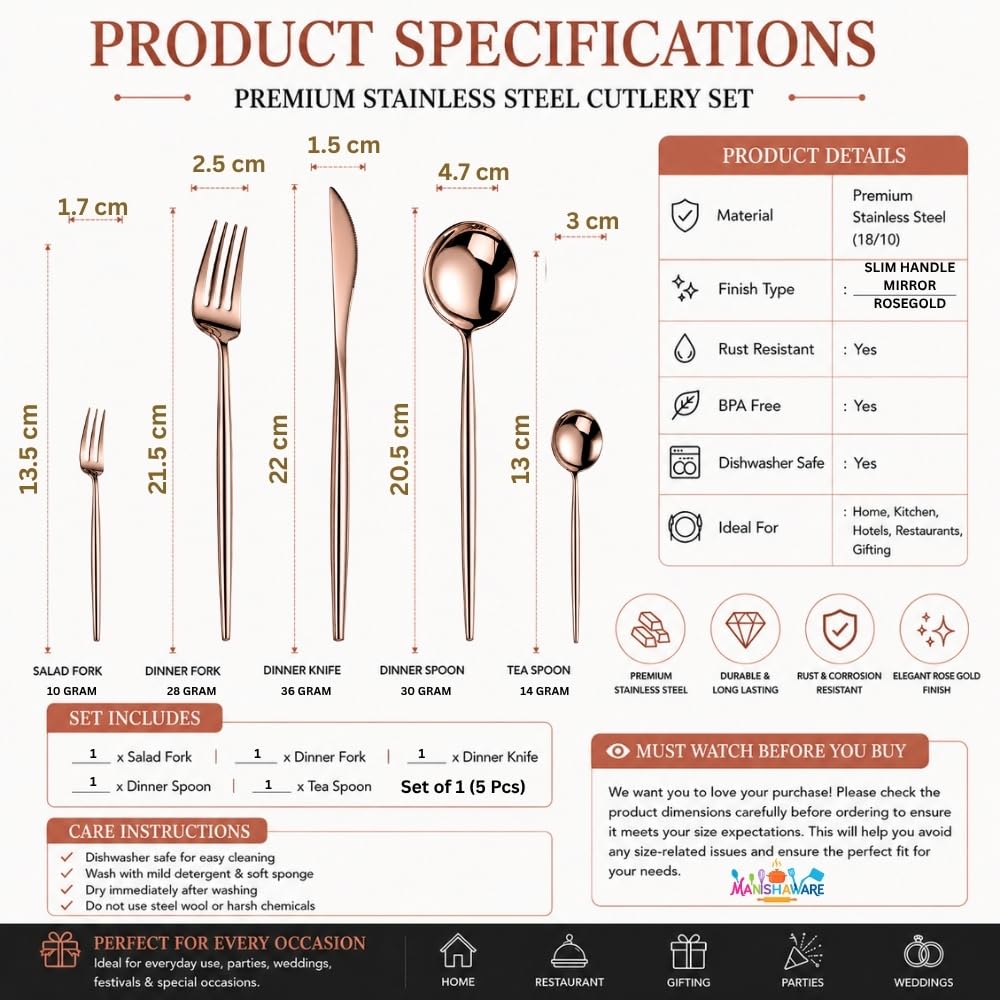 Manishaware Slim Handle Stainless Steel Cutlery Set for Dining Table, Dishwasher Safe Glossy Flatware (6 spoon set+6 forks set+6 Butter knife+6 Dessert Spoon+ 6 Fruit Fork)