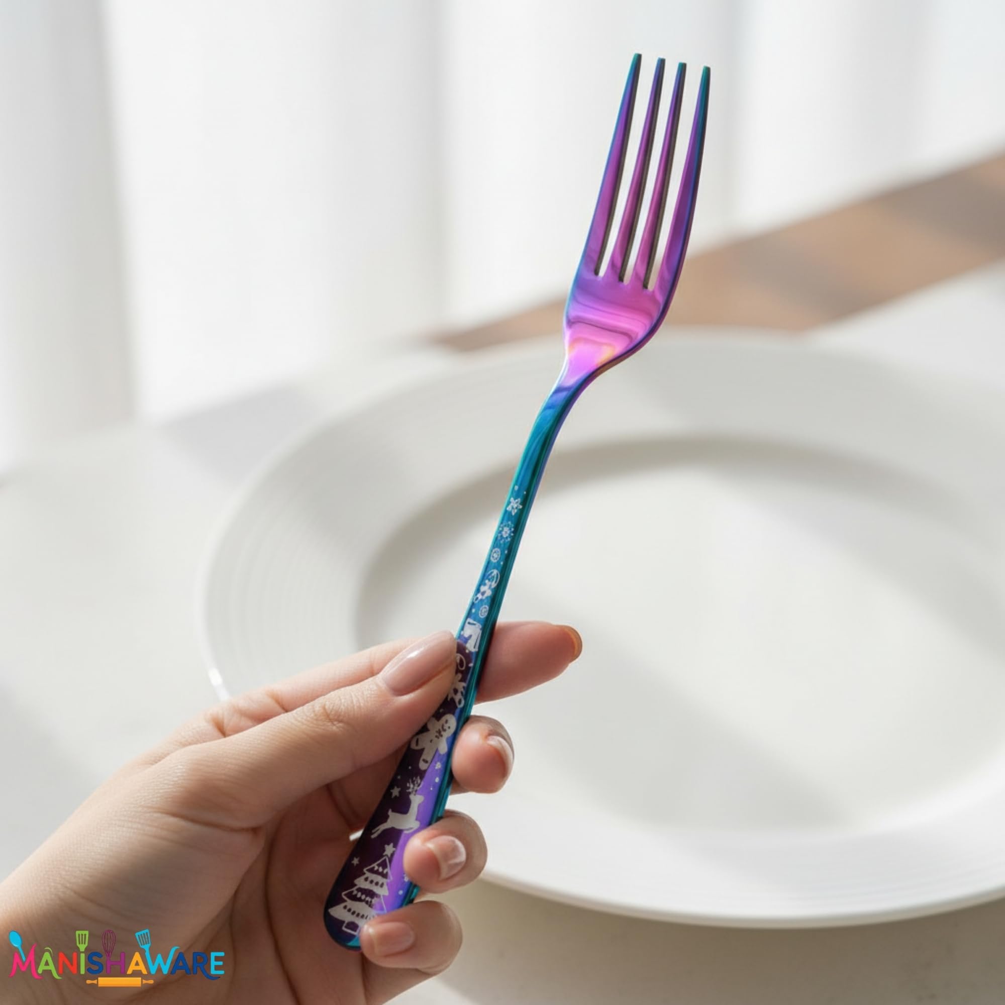 Manishaware Christmas Rainbow 20 Pcs Stainless Steel Cutlery Set for Dining Table, Dishwasher Safe Glossy Flatware (4 spoon set+4 forks set+4 Butter knife+4 Dessert Spoon+ 4 Fruit Fork)