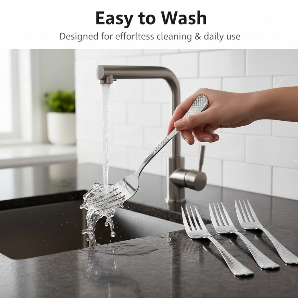 Manishaware 24 Pcs SILVER Checkered Stainless Dinner Steel Fork set for Kitchen or Dining Table