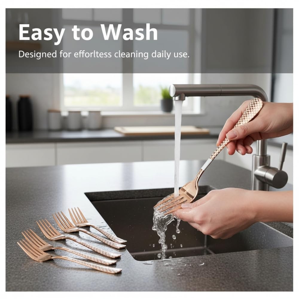 Manishaware 12 Pcs ROSEGOLD Checkered Stainless Dinner Steel Fork set for Kitchen or Dining Table