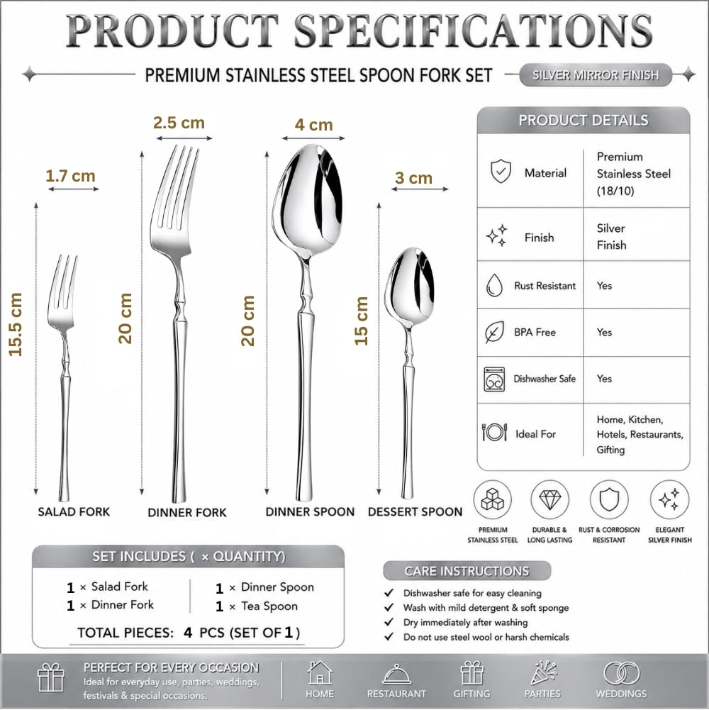 Manishaware Classic Stainless Steel Cutlery Set for Dining Table, Dishwasher Safe Glossy Flatware (Perfect Spoon Fork Set)