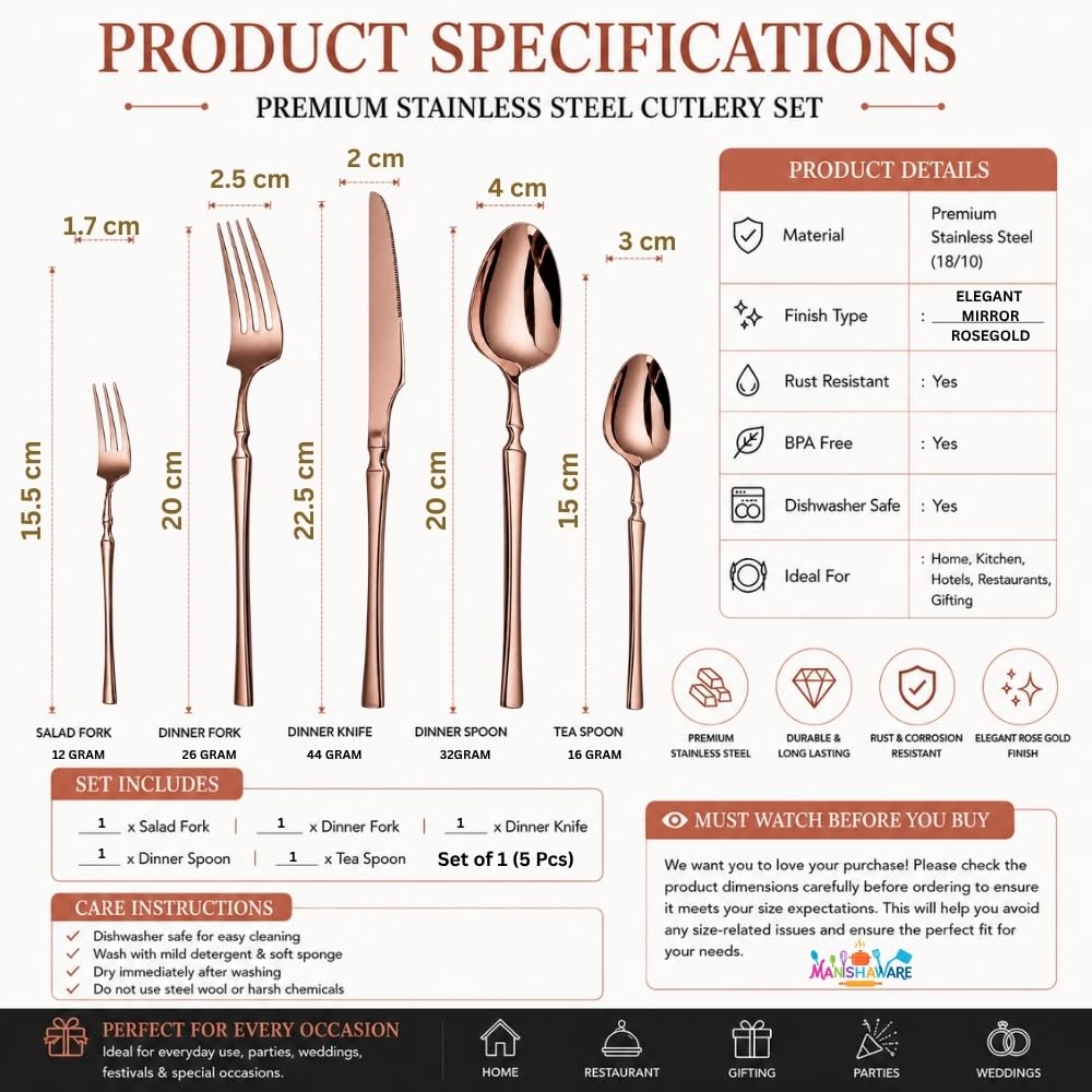 Manishaware Elegant Handle Heavy duty Stainless Steel Cutlery Set for Dining table (spoon set+ forks set+ Butter knife+ Dessert Spoon+ Fuit Fork for kitchen)