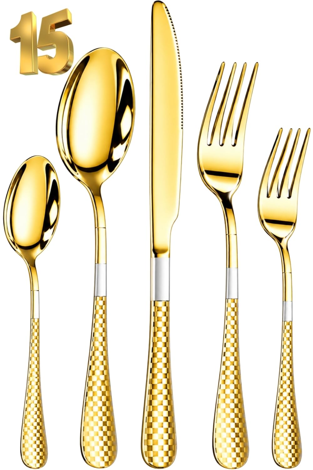 Manishaware Checkered Gold 15 Pcs Stainless Steel Cutlery Set for Dining Table, Dishwasher Safe Glossy Flatware (3 spoon set+3 forks set+3 Butter knife+3 Dessert Spoon+ 3 Fruit Fork)