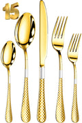 Manishaware Checkered Gold 15 Pcs Stainless Steel Cutlery Set for Dining Table, Dishwasher Safe Glossy Flatware (3 spoon set+3 forks set+3 Butter knife+3 Dessert Spoon+ 3 Fruit Fork)