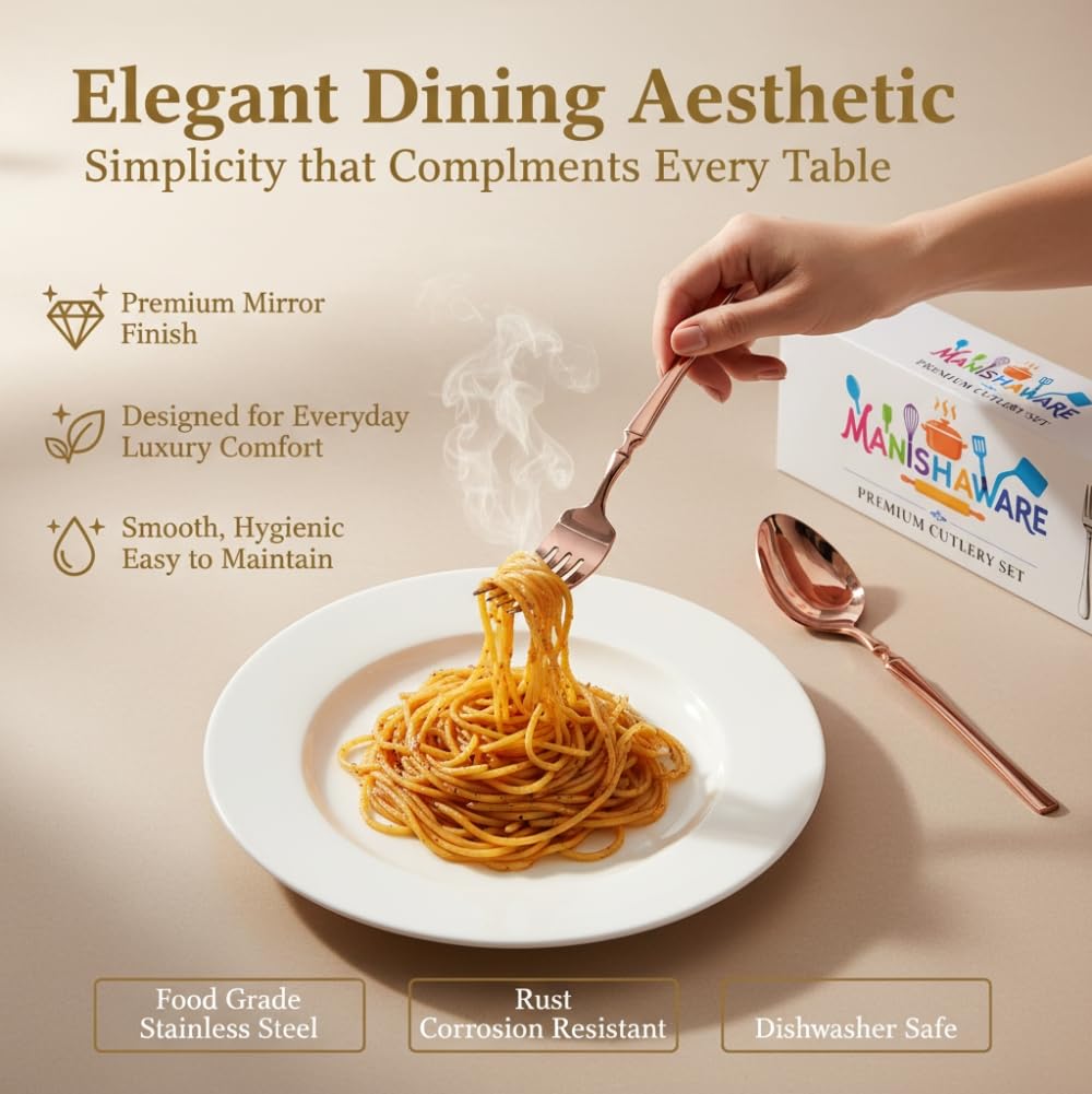 Manishaware Classic Rose Gold 8 Pcs Stainless Steel Cutlery Set for Dining Table, Dishwasher Safe Glossy Flatware (Perfect Spoon Fork Set)