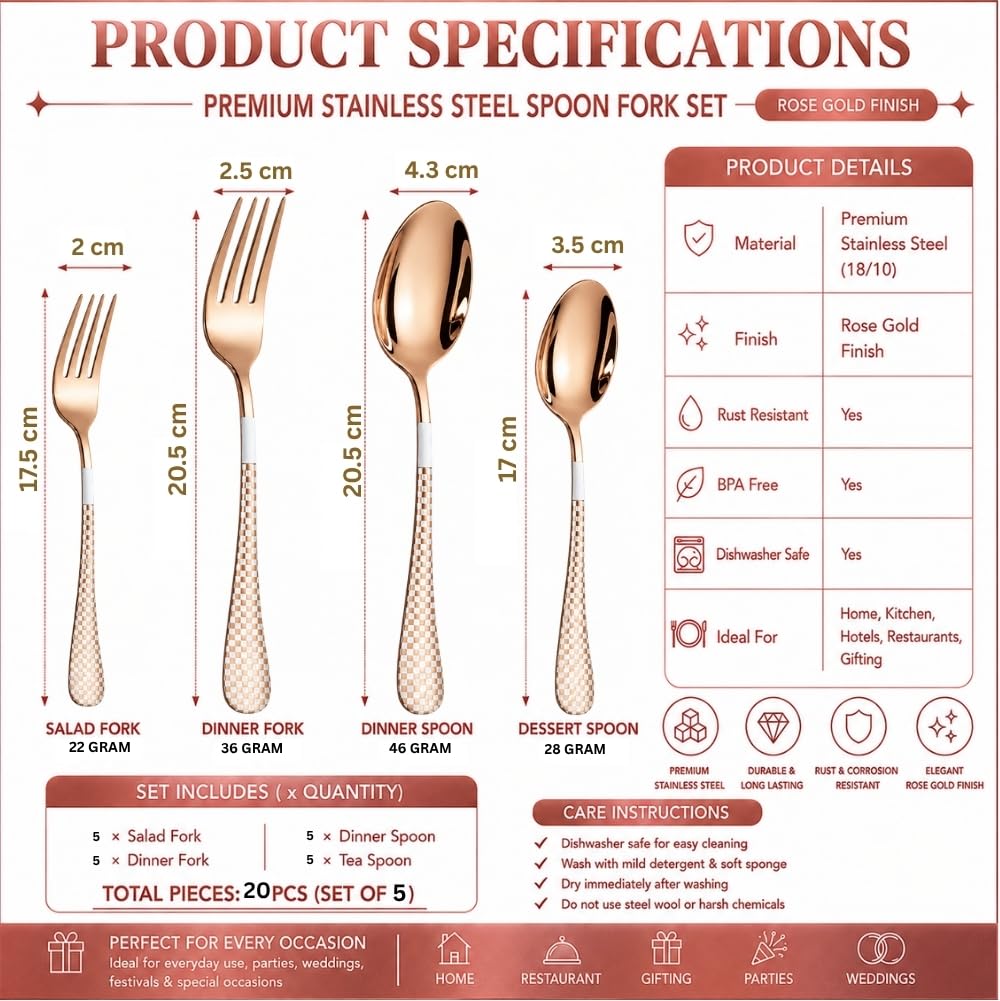 Manishaware Classic Rose Gold 20 Pcs Stainless Steel Cutlery Set for Dining Table, Dishwasher Safe Glossy Flatware (Perfect Spoon Fork Set)