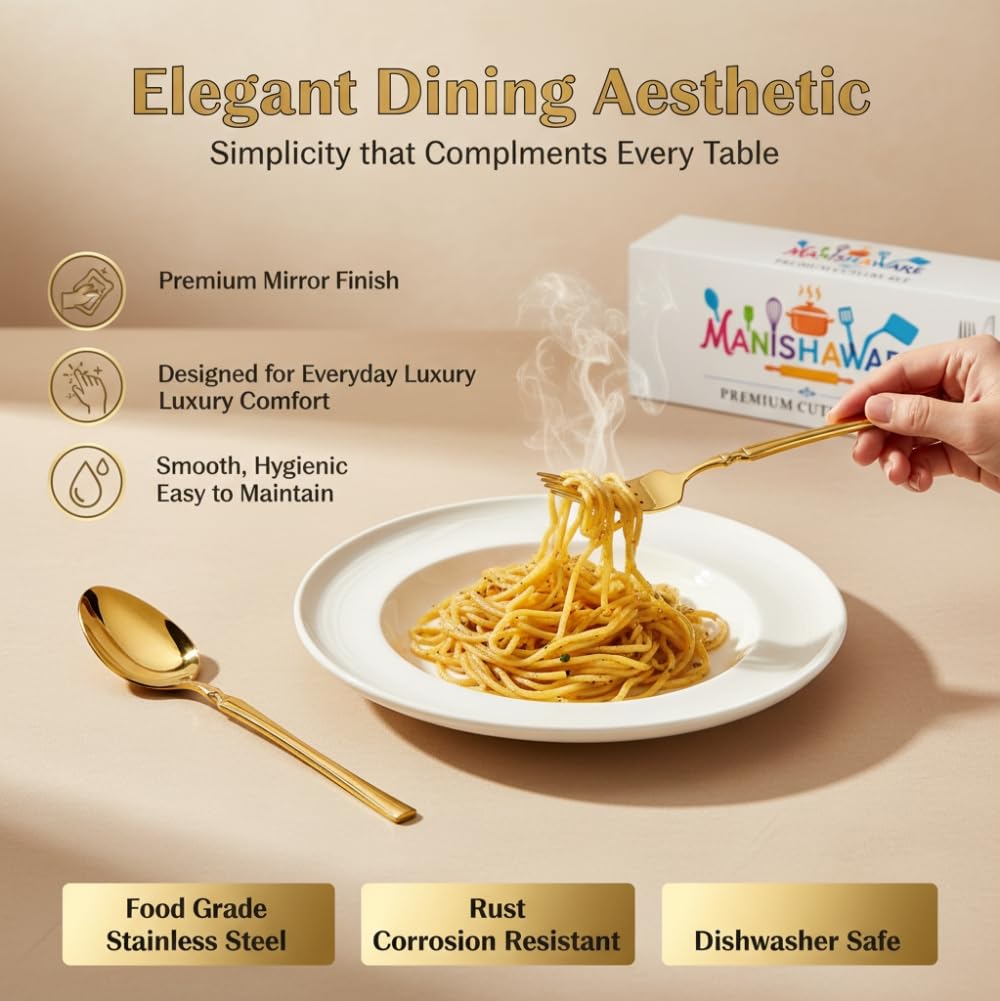 Manishaware Classic Gold 24 Pcs Stainless Steel Cutlery Set for Dining Table, Dishwasher Safe Glossy Flatware (Perfect Spoon Fork Set)