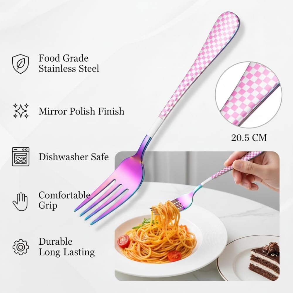 Manishaware 12 Pcs RAINBOW Checkered Stainless Dinner Steel Fork set for Kitchen or Dining Table
