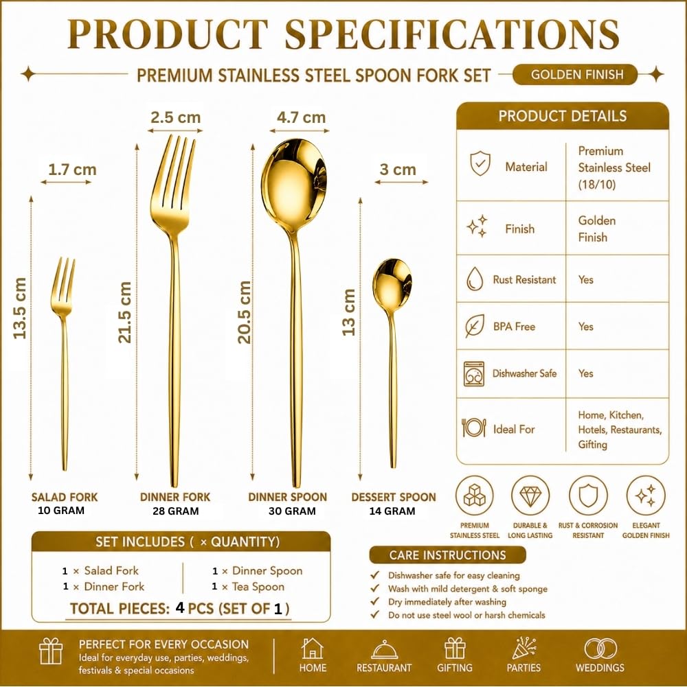 Manishaware Classic Stainless Steel Cutlery Set for Dining Table, Dishwasher Safe Glossy Flatware (Perfect Spoon Fork Set)