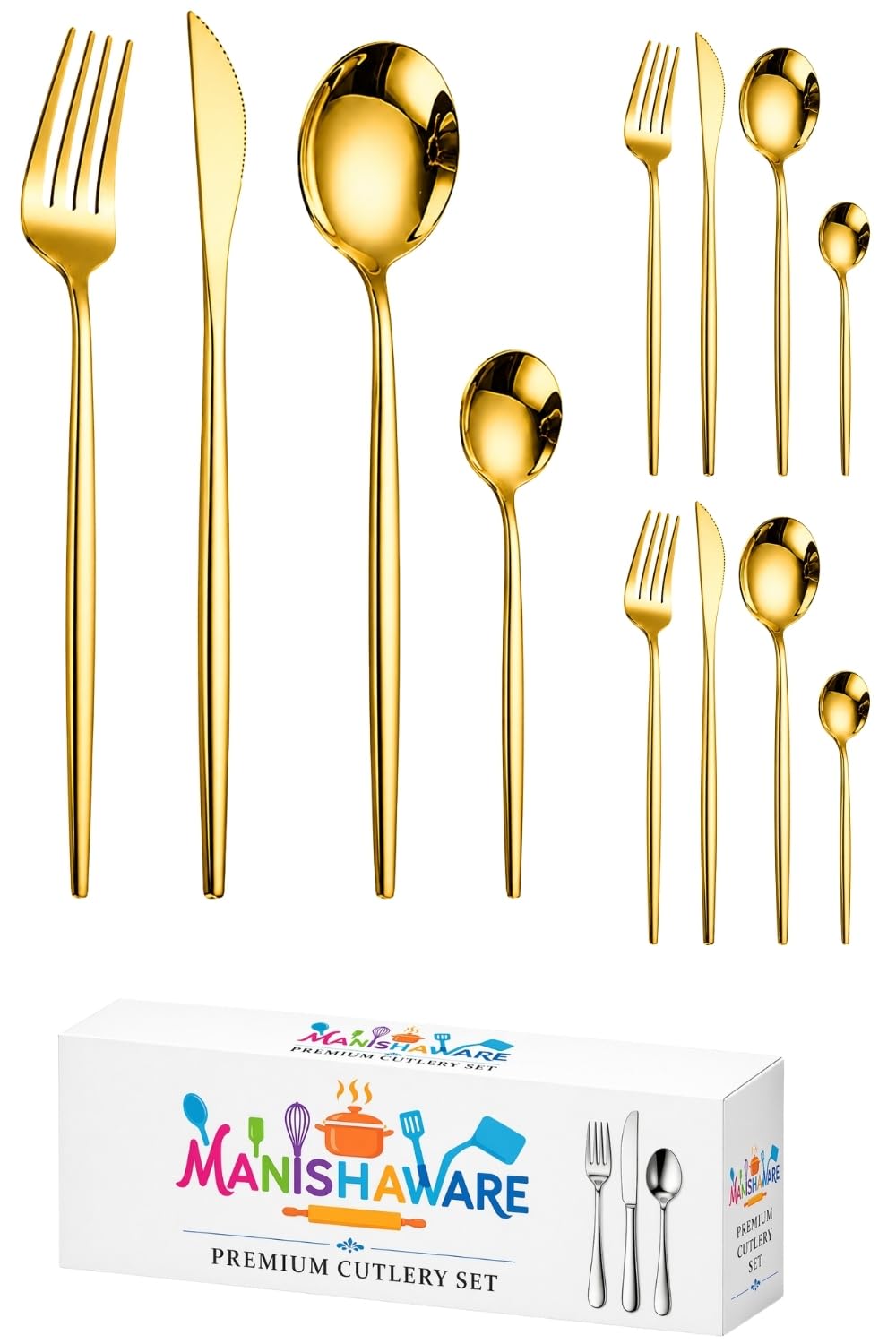 Manishaware Slim Handle Gold 12 Pcs Stainless Steel Cutlery Set for Dining Table, Dishwasher Safe Glossy Flatware (3 spoon set+3 forks set+3 Butter knife+3 Dessert Spoon)