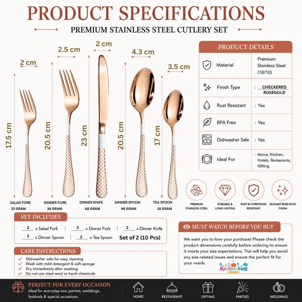Manishaware Checkered Rose Gold 10 Pcs Stainless Steel Cutlery Set for Dining Table, Dishwasher Safe Glossy Flatware (2 spoon set+2 forks set+2 Butter knife+2 Dessert Spoon+ 2 Fruit Fork)