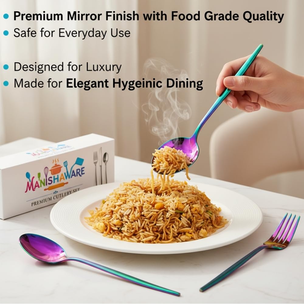 Manishaware Classic Rainbow 8 Pcs Stainless Steel Cutlery Set for Dining Table, Dishwasher Safe Glossy Flatware (Perfect Spoon Fork Set)