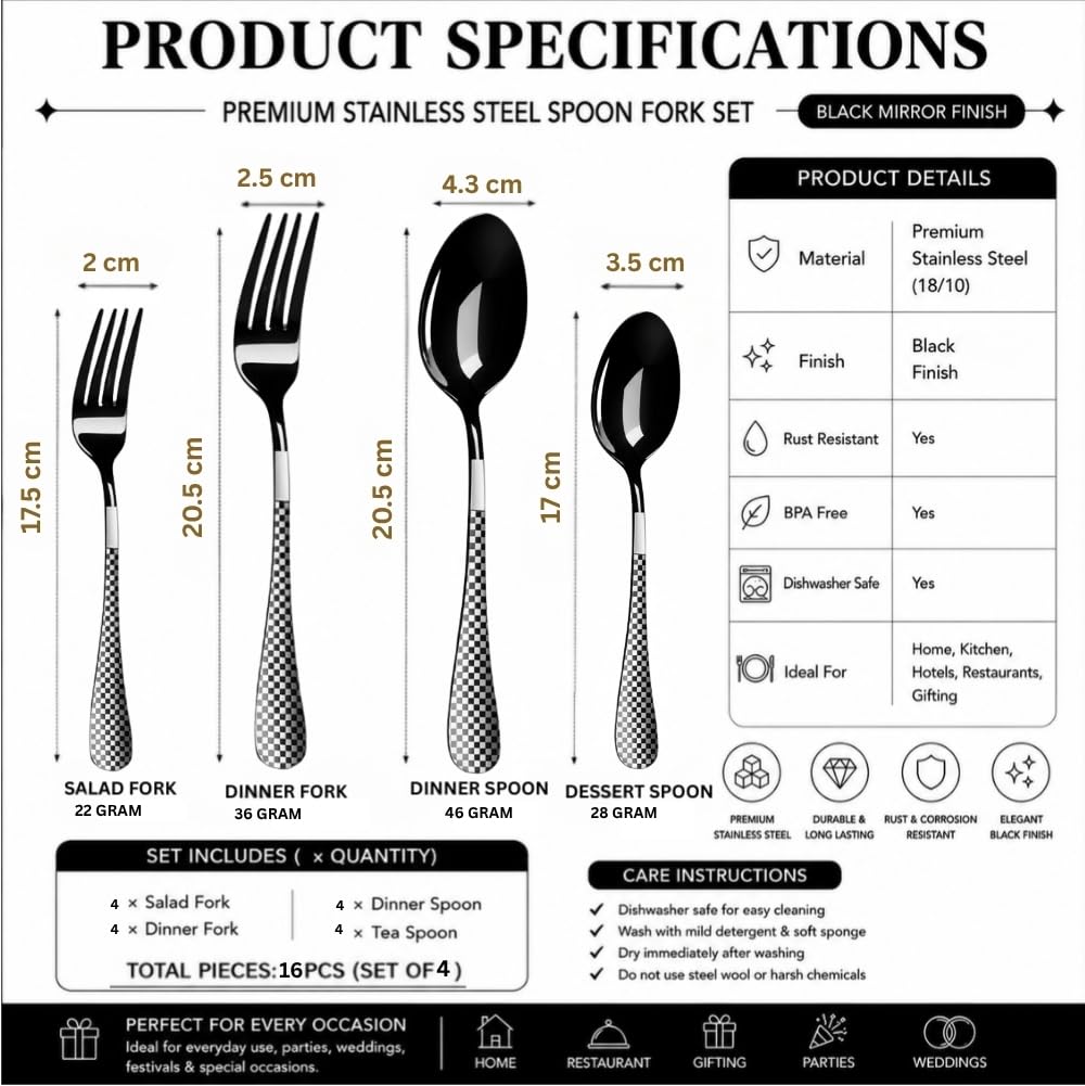Manishaware Classic Black 16 Pcs Stainless Steel Cutlery Set for Dining Table, Dishwasher Safe Glossy Flatware (Perfect Spoon Fork Set)