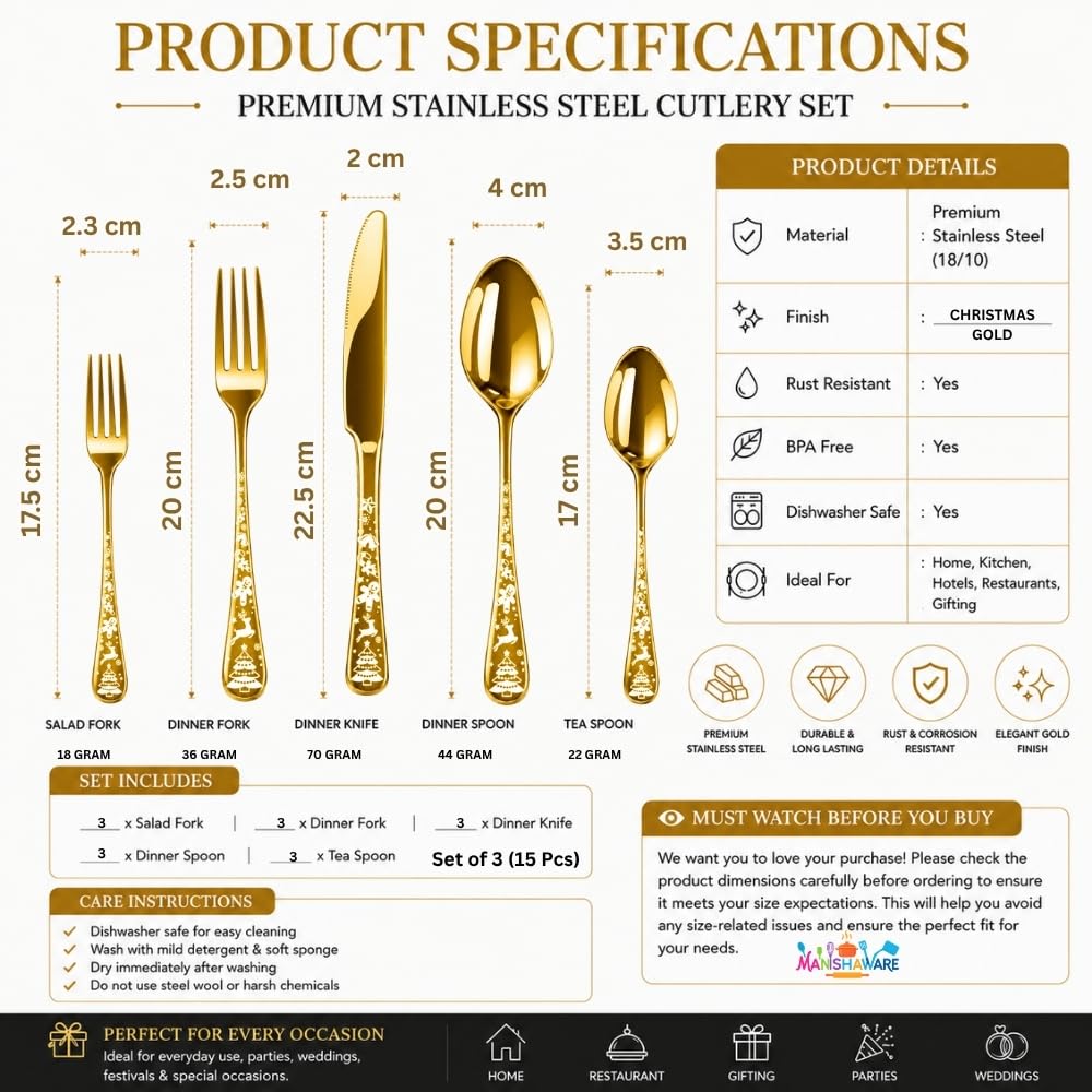 Manishaware Christmas Gold 15 Pcs Stainless Steel Cutlery Set for Dining Table, Dishwasher Safe Glossy Flatware (3 spoon set+3 forks set+3 Butter knife+3 Dessert Spoon+ 3 Fruit Fork)