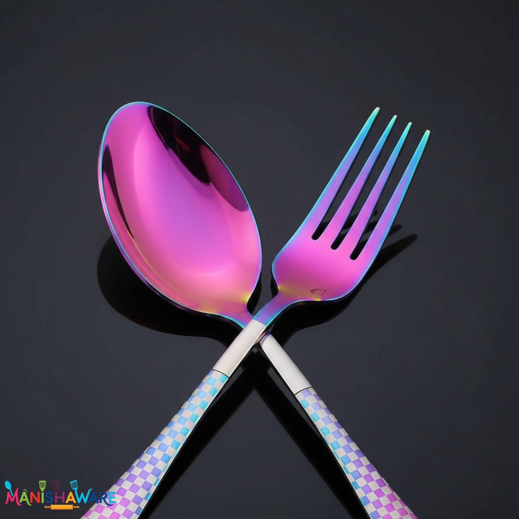 Manishaware Checkered Rainbow 15 Pcs Stainless Steel Cutlery Set for Dining Table, Dishwasher Safe Glossy Flatware (3 spoon set+3 forks set+3 Butter knife+3 Dessert Spoon+ 3 Fruit Fork)