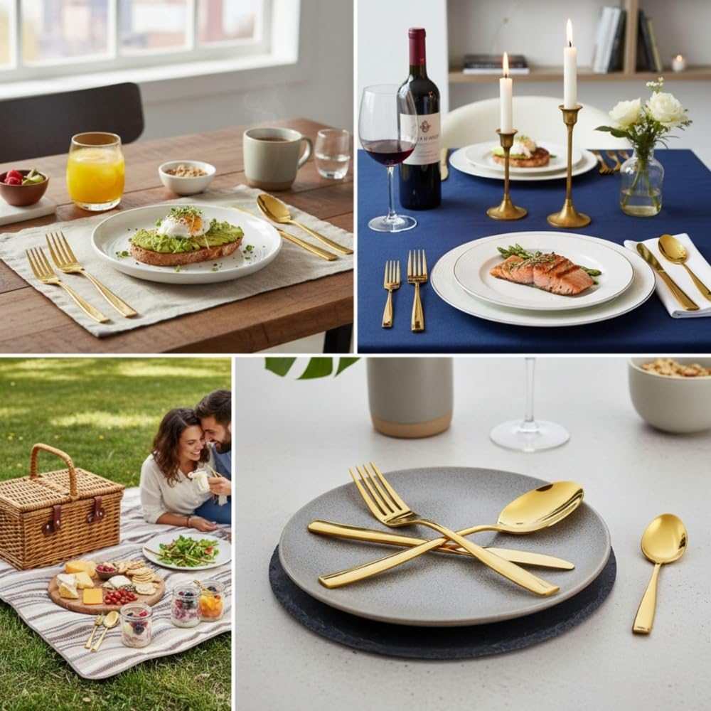 Manishaware Mirror Polished Gold 20 Pcs Stainless Steel Cutlery Set for Dining Table, Dishwasher Safe Glossy Flatware (4 spoon set + 4 forks set + 4 Butter knife + 4 Dessert Spoon + 4 Fruit Fork)