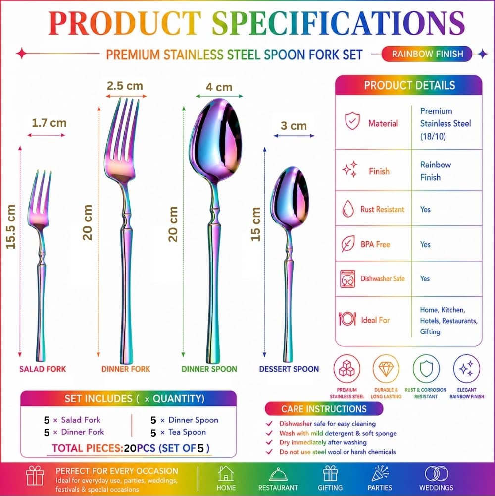 Manishaware Classic Rainbow 20 Pcs Stainless Steel Cutlery Set for Dining Table, Dishwasher Safe Glossy Flatware (Perfect Spoon Fork Set)