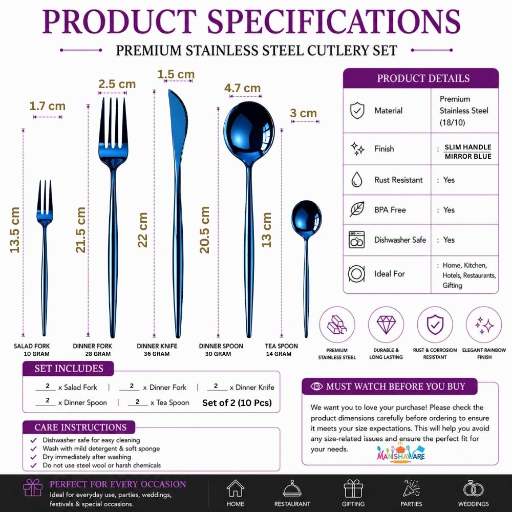 Manishaware Slim Handle Blue 10 Pcs Stainless Steel Cutlery Set for Dining Table, Dishwasher Safe Glossy Flatware (2 spoon set+2 forks set+2 Butter knife+2 Dessert Spoon+ 2 Fruit Fork)
