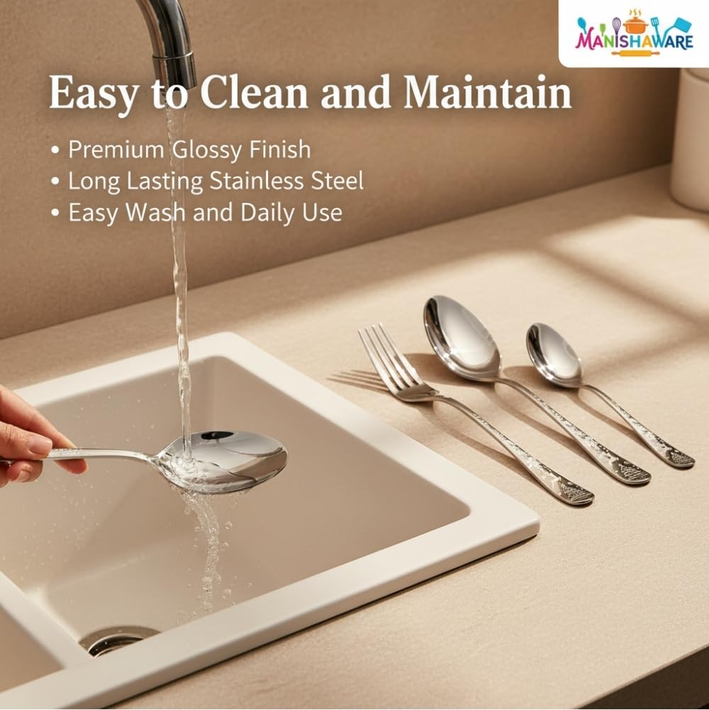 Manishaware Classic Silver 24 Pcs Stainless Steel Cutlery Set for Dining Table, Dishwasher Safe Glossy Flatware (Perfect Spoon Fork Set)