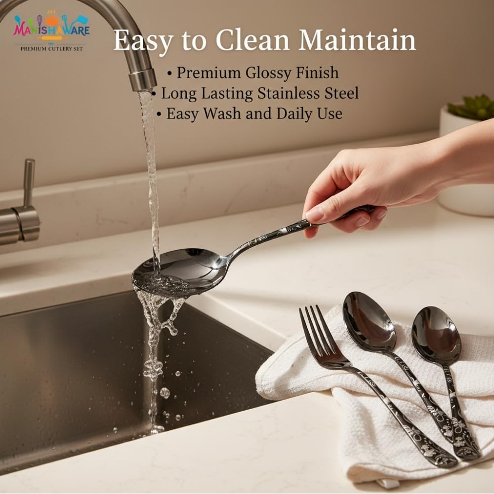 Manishaware Classic Black 24 Pcs Stainless Steel Cutlery Set for Dining Table, Dishwasher Safe Glossy Flatware (Perfect Spoon Fork Set)